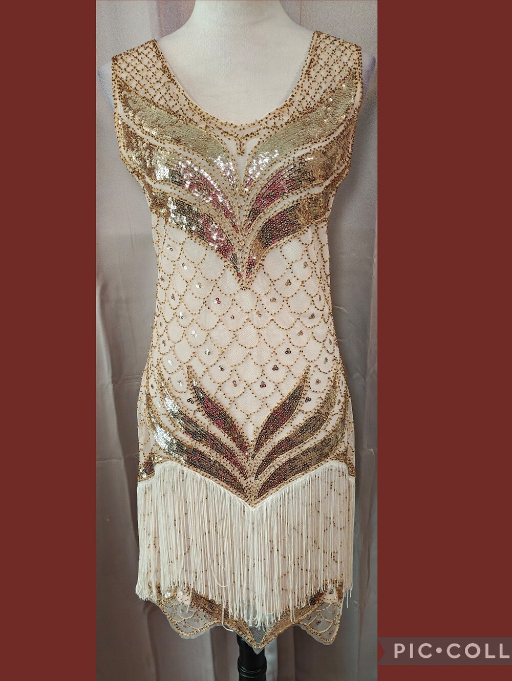 Embellished Ivory & Gold Fringe Sleeveless Dress